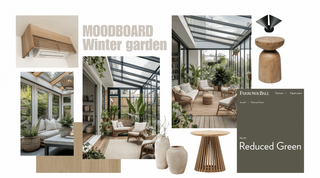 Moodboard d'un jardin d'hiver réalisé avec Ynspir utilisant des peintures Farrow and Ball