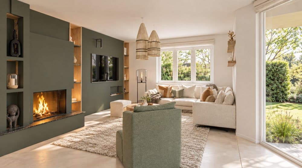 Projet B : Salon vert avec meuble TV sur mesure, vue 3D Eodesign