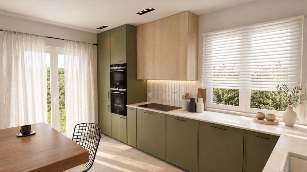 Projet Illkirch : Cuisine vert olive et bois, vue 3D Eodesign